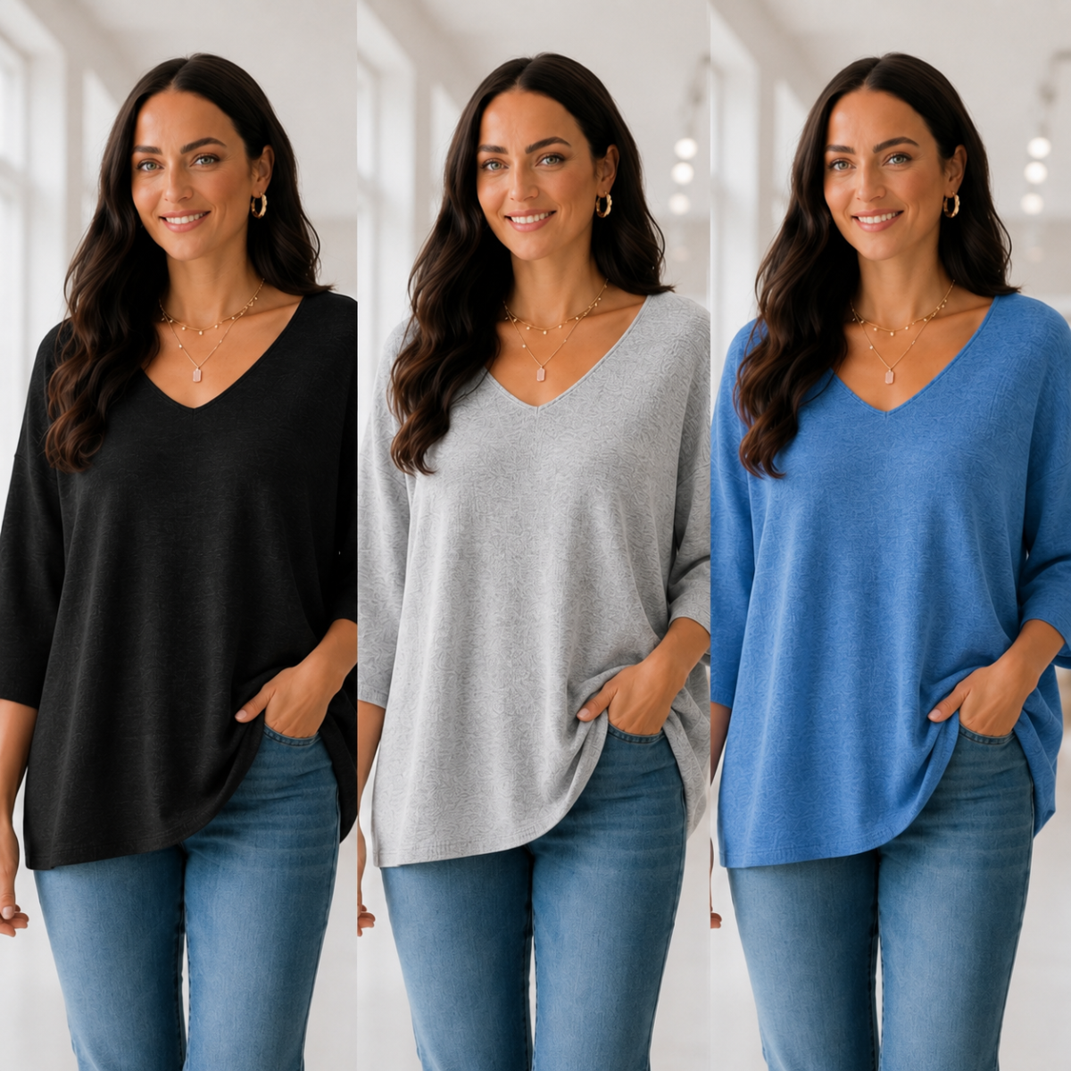 Kit 3 Blusas Luna® em Malha Leve – Decote V