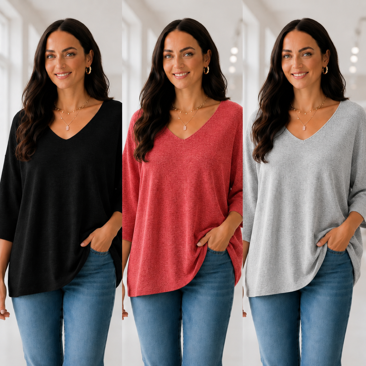 Kit 3 Blusas Luna® em Malha Leve – Decote V