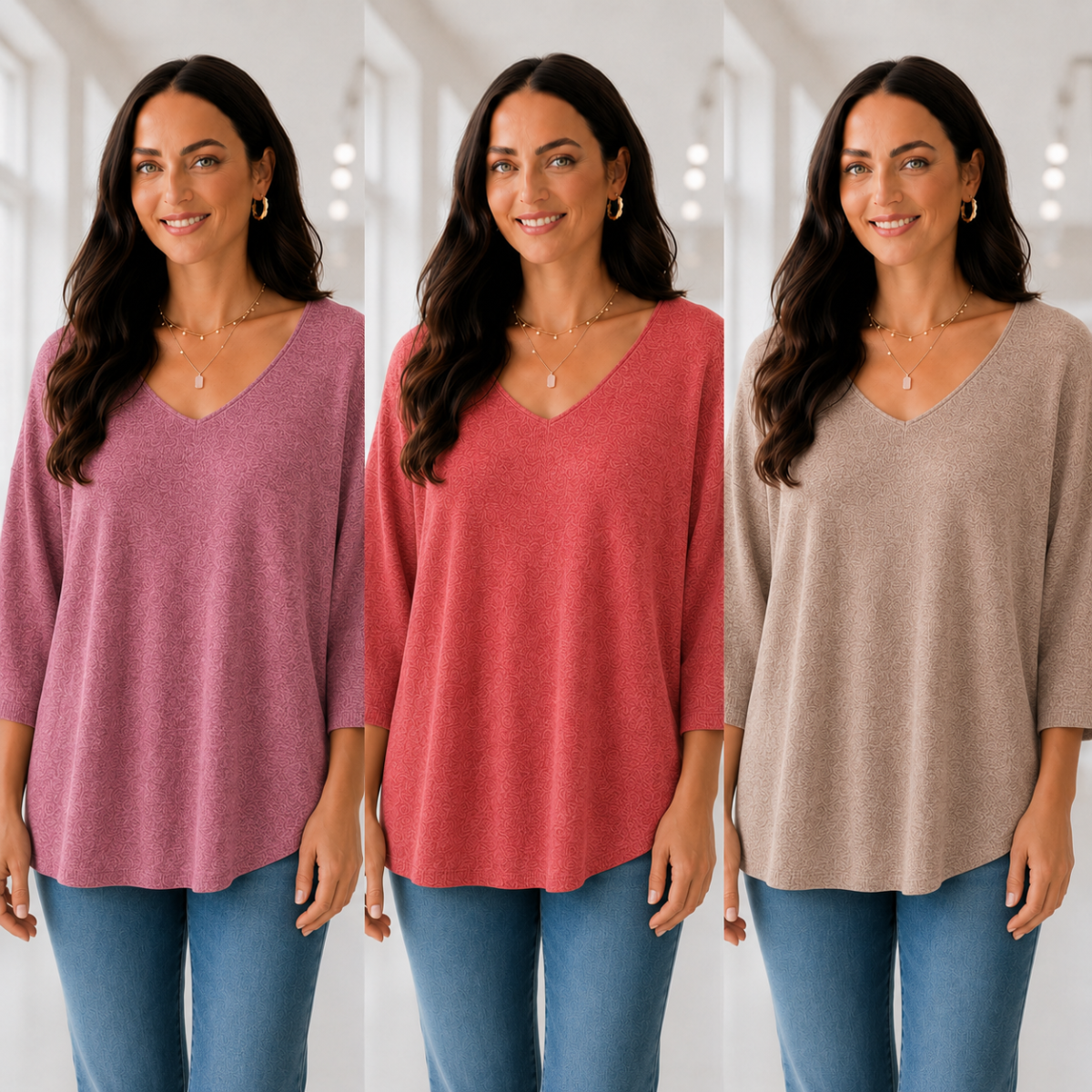 Kit 3 Blusas Luna® em Malha Leve – Decote V