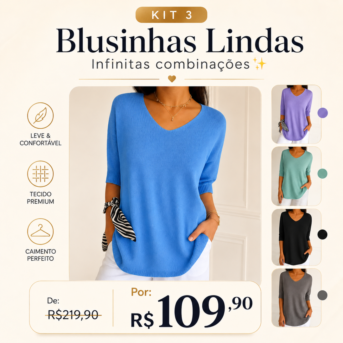 Kit 3 Blusas Luna® em Malha Leve – Decote V