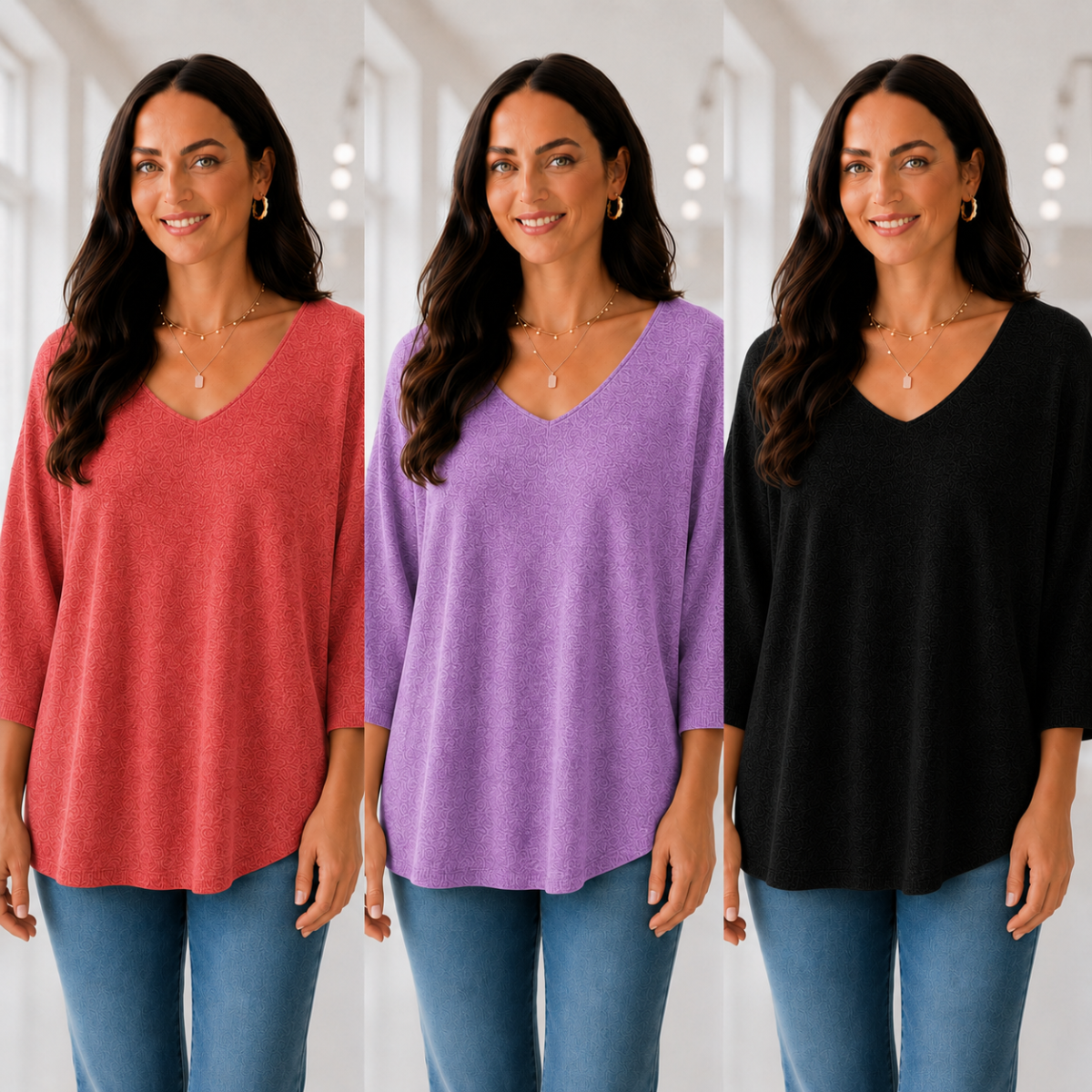 Kit 3 Blusas Luna® em Malha Leve – Decote V